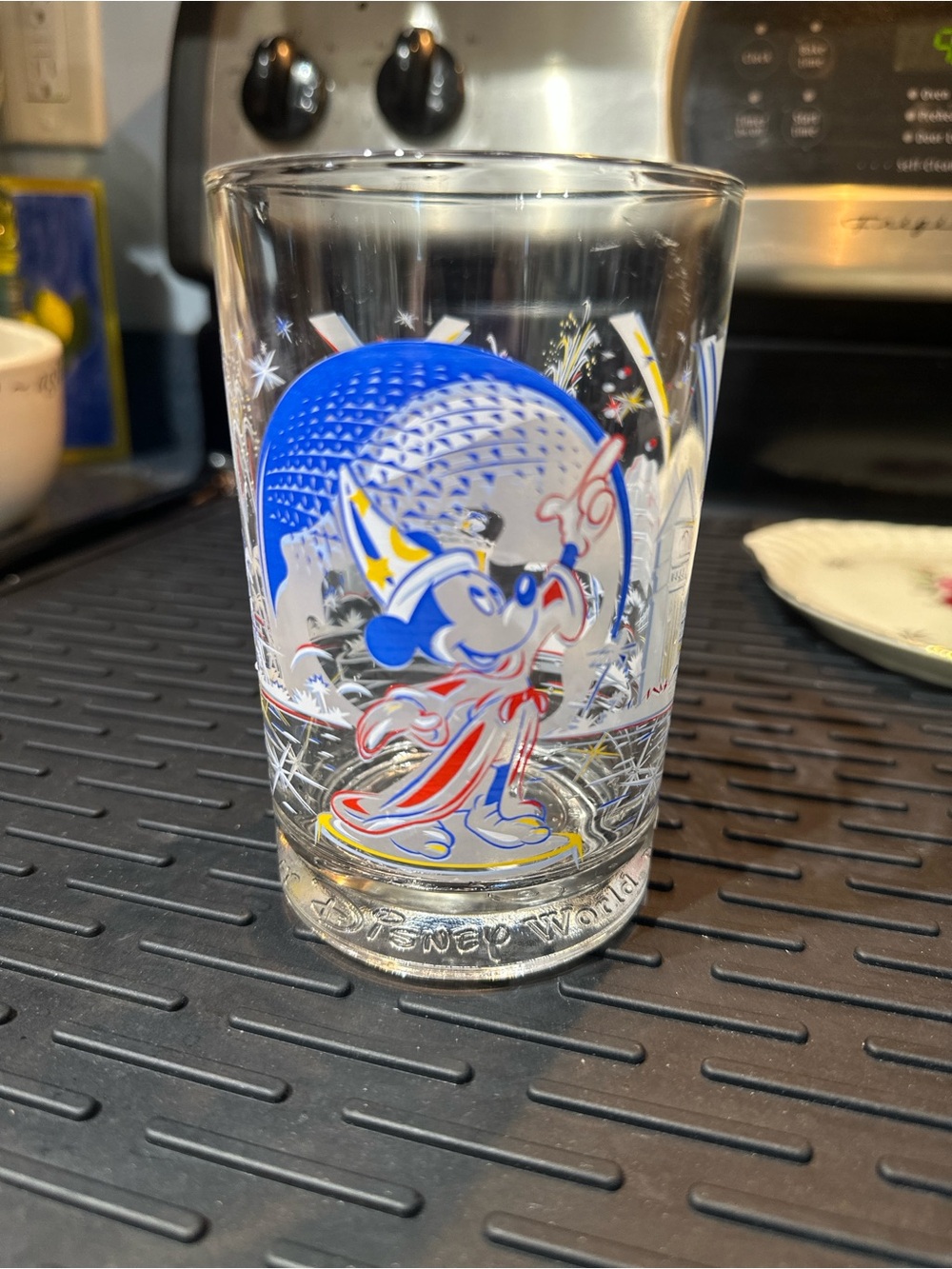 Disney Sorcerer Mickey Clear Glass with Blue, Red, Yellow and White Artwork